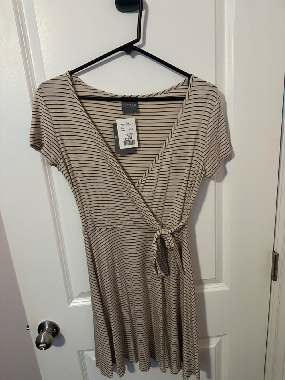 Olivia Rae Taupe and Black Striped Wrap Midi Dress